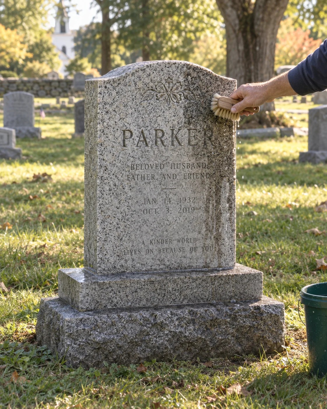 Gentle cleaning of a complete upright granite headstone