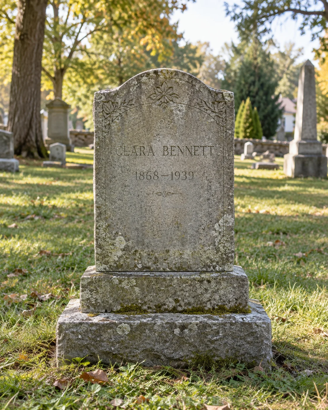 A complete weathered granite headstone showing the inscription and base